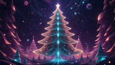 The primary subject of the image is a beautifully lit, ornate Christmas tree. The tree is adorned with a star at the top, and it is surrounded by a purple and blue color scheme. The setting is a nighttime scene with a starry sky in the background. The visual style of the image is a digital art or illustration, creating a festive and magical atmosphere.